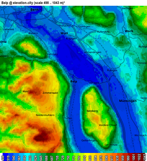 Zoom OUT 2x Belp, Switzerland elevation map