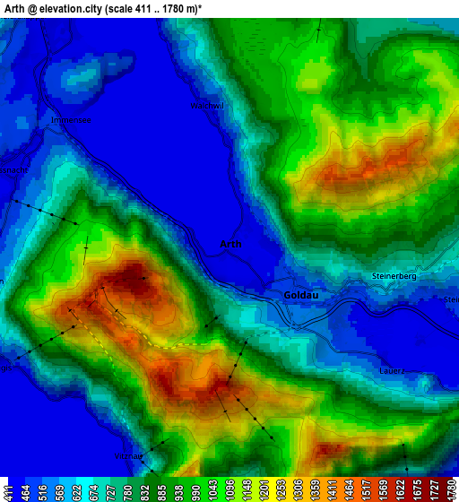 Zoom OUT 2x Arth, Switzerland elevation map