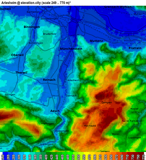 Zoom OUT 2x Arlesheim, Switzerland elevation map