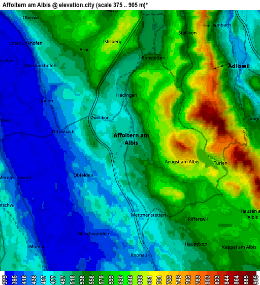 Zoom OUT 2x Affoltern am Albis, Switzerland elevation map