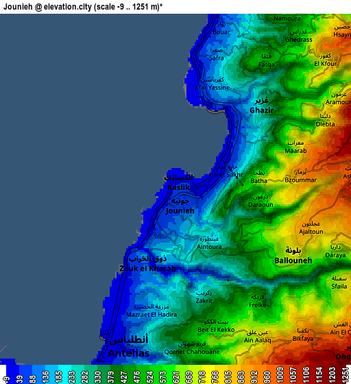 Zoom OUT 2x Jounieh, Lebanon elevation map