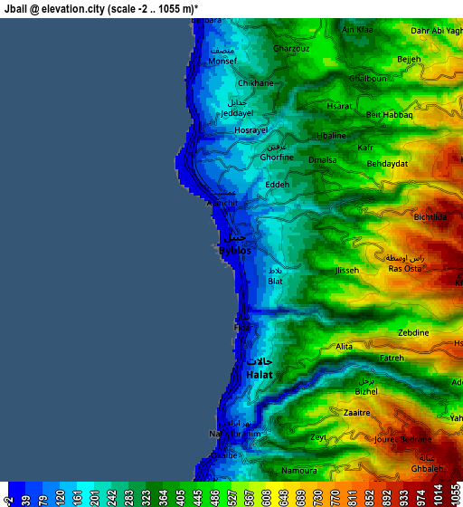 Zoom OUT 2x Jbaïl, Lebanon elevation map