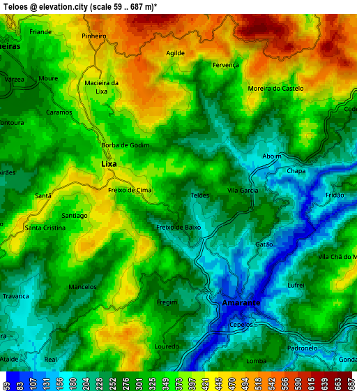 Zoom OUT 2x Telões, Portugal elevation map