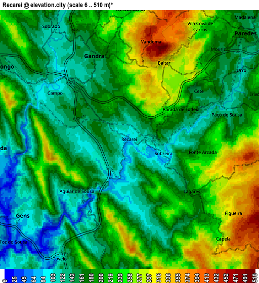 Zoom OUT 2x Recarei, Portugal elevation map