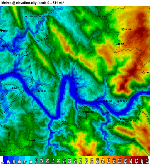 Zoom OUT 2x Melres, Portugal elevation map