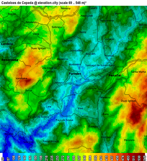 Zoom OUT 2x Castelões de Cepeda, Portugal elevation map