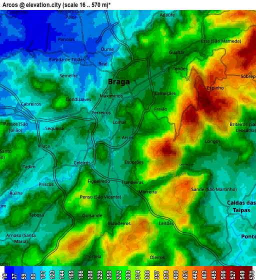 Zoom OUT 2x Arcos, Portugal elevation map