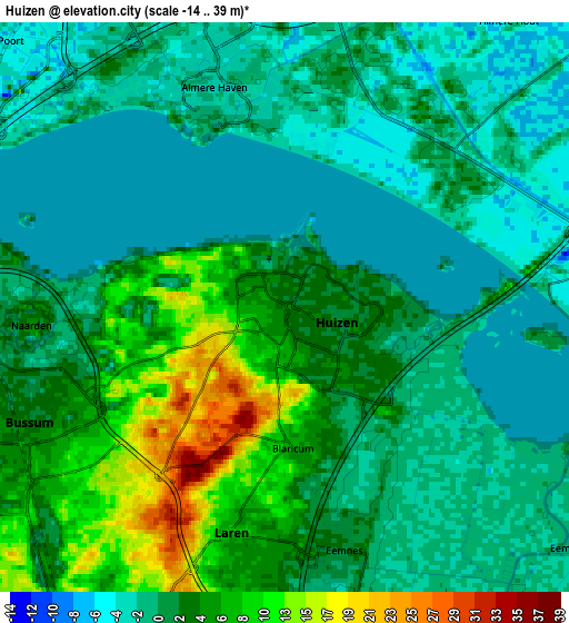 Zoom OUT 2x Huizen, Netherlands elevation map