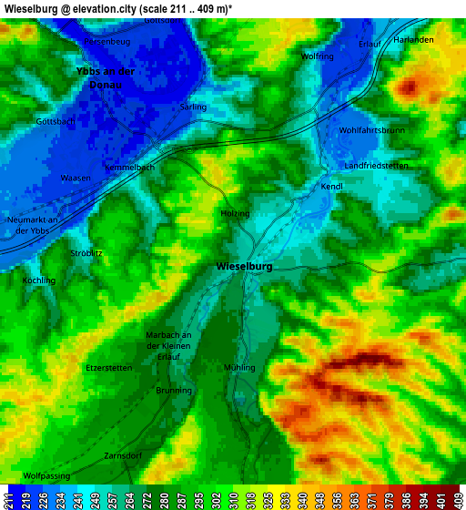 Zoom OUT 2x Wieselburg, Austria elevation map