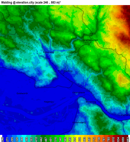 Zoom OUT 2x Walding, Austria elevation map