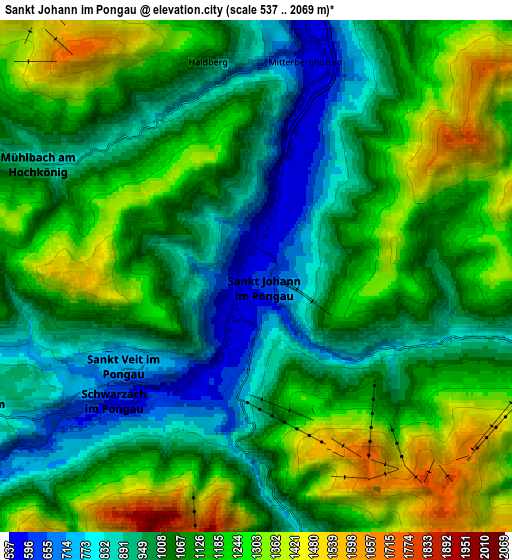 Zoom OUT 2x Sankt Johann im Pongau, Austria elevation map