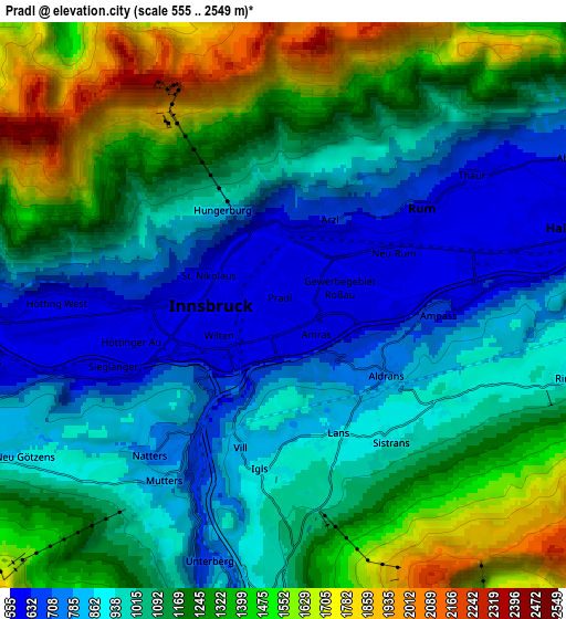 Zoom OUT 2x Pradl, Austria elevation map