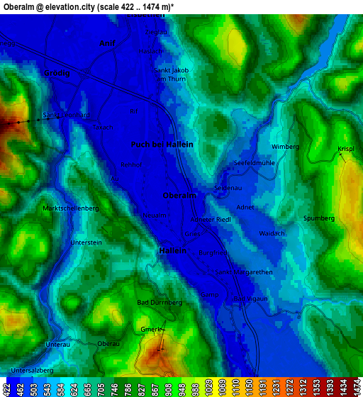 Zoom OUT 2x Oberalm, Austria elevation map