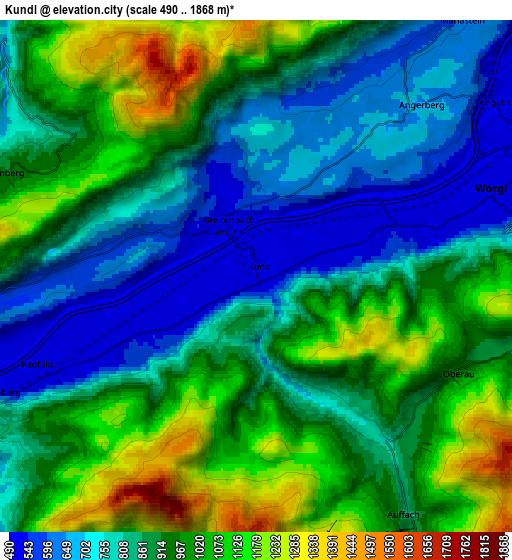 Zoom OUT 2x Kundl, Austria elevation map