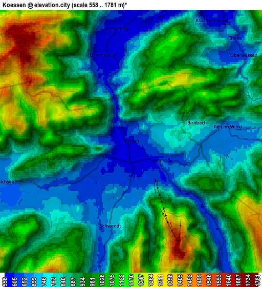 Zoom OUT 2x Kössen, Austria elevation map