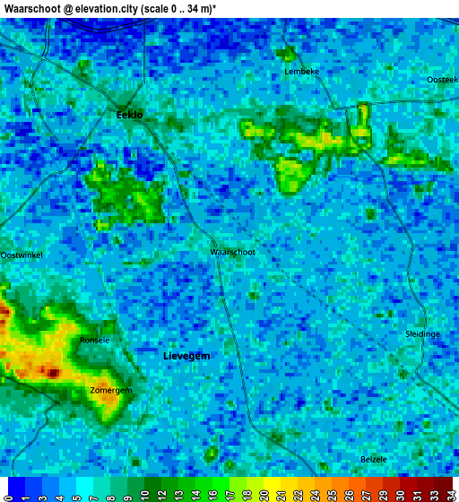 Zoom OUT 2x Waarschoot, Belgium elevation map