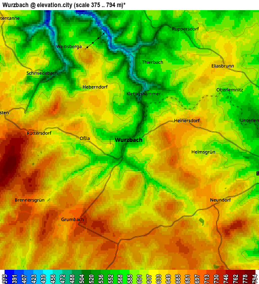 Zoom OUT 2x Wurzbach, Germany elevation map