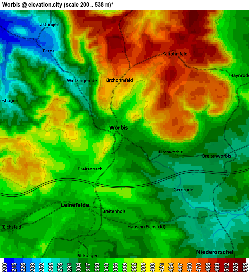 Zoom OUT 2x Worbis, Germany elevation map