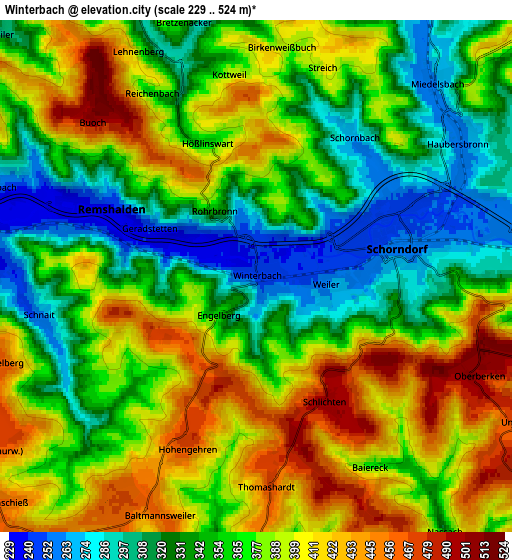 Zoom OUT 2x Winterbach, Germany elevation map