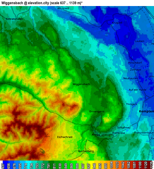 Zoom OUT 2x Wiggensbach, Germany elevation map