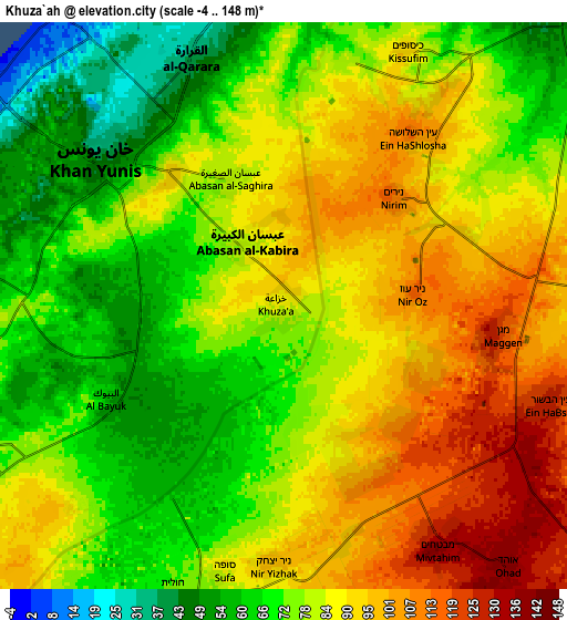 Zoom OUT 2x Khuzā‘ah, Palestinian Territory elevation map