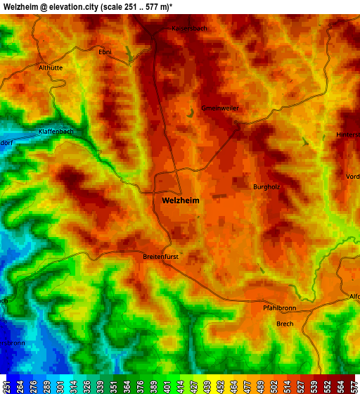 Zoom OUT 2x Welzheim, Germany elevation map