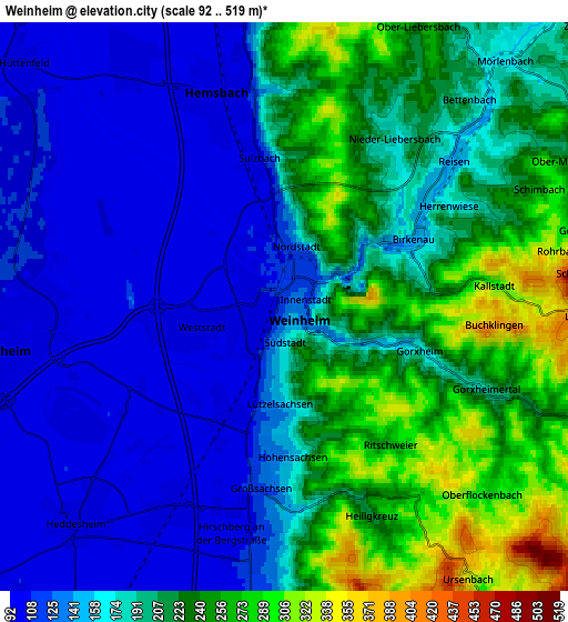 Zoom OUT 2x Weinheim, Germany elevation map