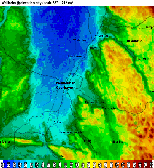 Zoom OUT 2x Weilheim, Germany elevation map