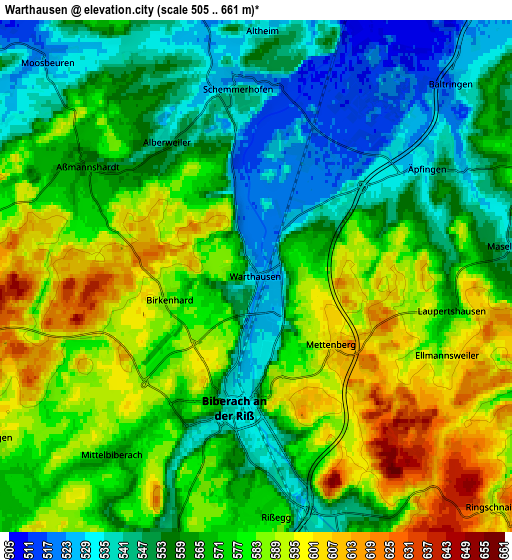 Zoom OUT 2x Warthausen, Germany elevation map