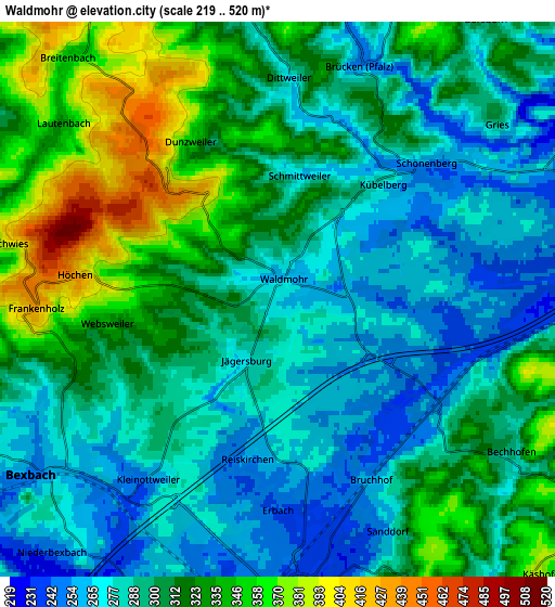 Zoom OUT 2x Waldmohr, Germany elevation map