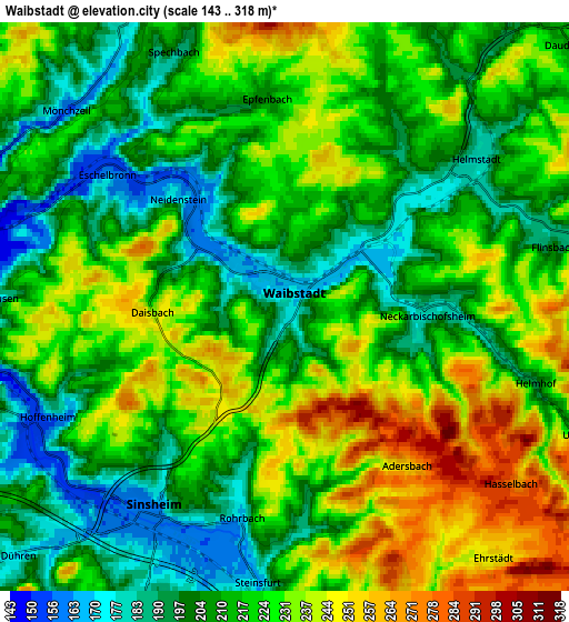 Zoom OUT 2x Waibstadt, Germany elevation map