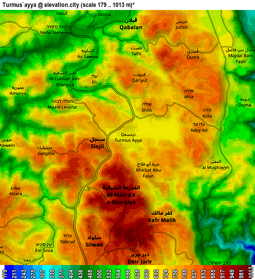 Zoom OUT 2x Turmus‘ayyā, Palestinian Territory elevation map