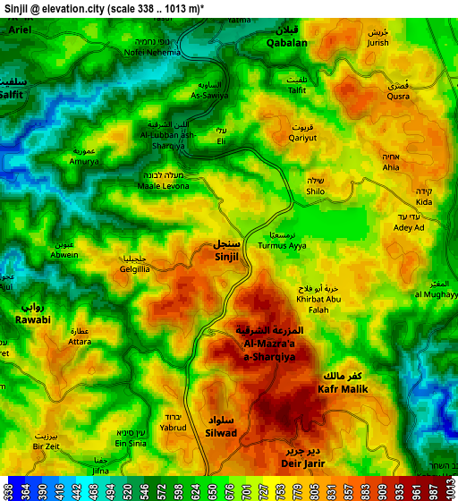 Zoom OUT 2x Sinjil, Palestinian Territory elevation map