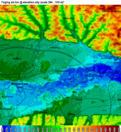 Zoom OUT 2x Töging am Inn, Germany elevation map