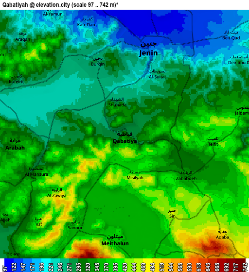 Zoom OUT 2x Qabāţīyah, Palestinian Territory elevation map