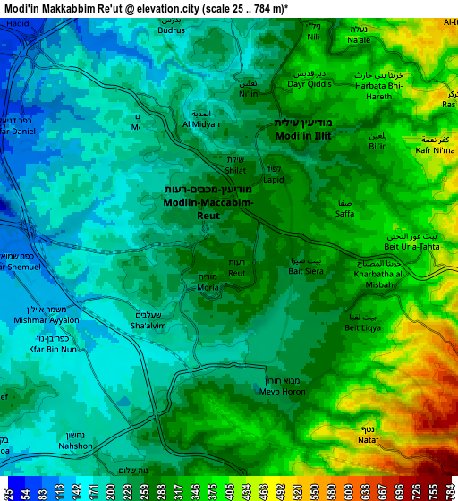 Zoom OUT 2x Modi‘in Makkabbim Re‘ut, Israel elevation map