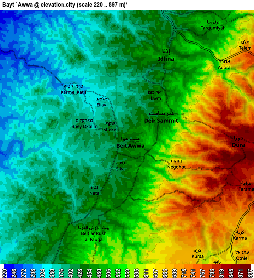 Zoom OUT 2x Bayt ‘Awwā, Palestinian Territory elevation map