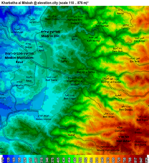 Zoom OUT 2x Kharbathā al Mişbāḩ, Palestinian Territory elevation map