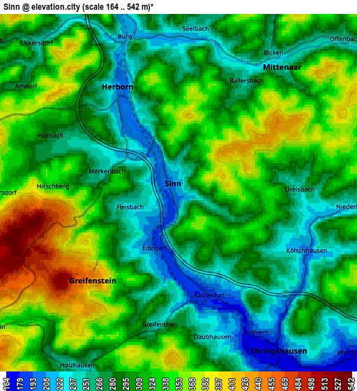 Zoom OUT 2x Sinn, Germany elevation map