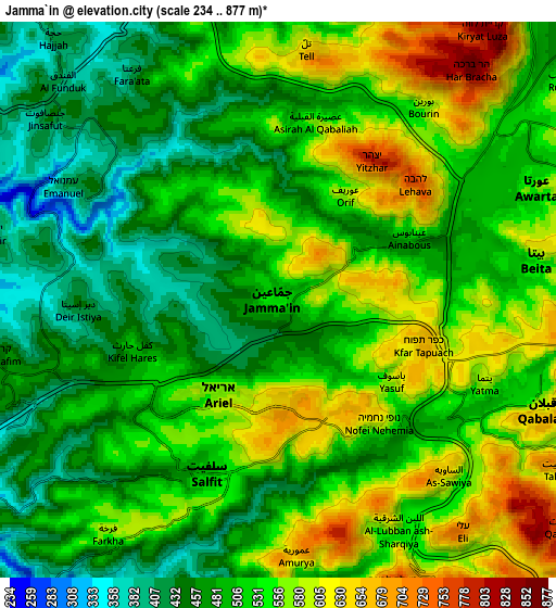 Zoom OUT 2x Jammā‘īn, Palestinian Territory elevation map