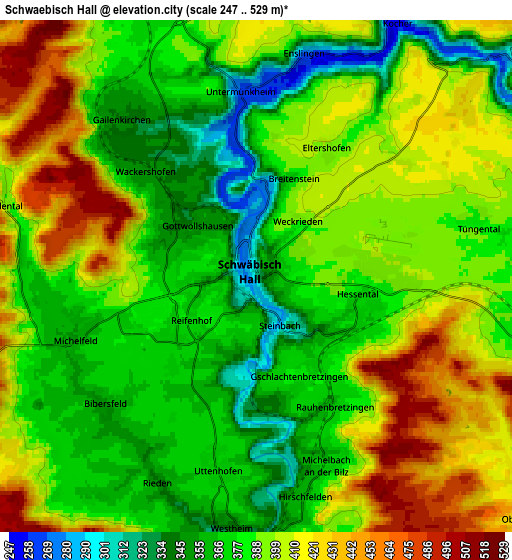 Zoom OUT 2x Schwäbisch Hall, Germany elevation map