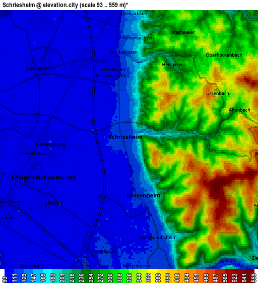 Zoom OUT 2x Schriesheim, Germany elevation map