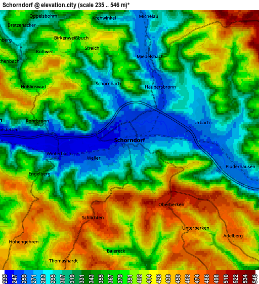 Zoom OUT 2x Schorndorf, Germany elevation map