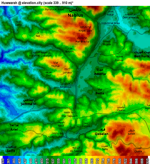 Zoom OUT 2x Ḩuwwārah, Palestinian Territory elevation map