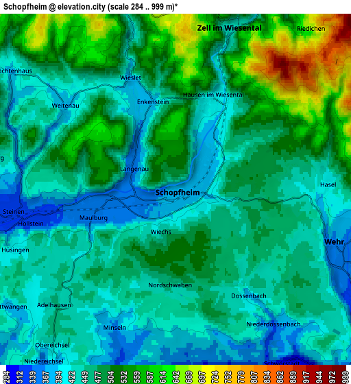 Zoom OUT 2x Schopfheim, Germany elevation map