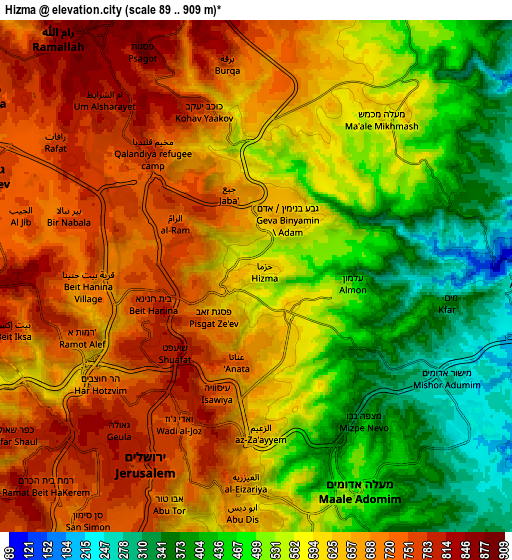 Zoom OUT 2x Ḩizmā, Palestinian Territory elevation map