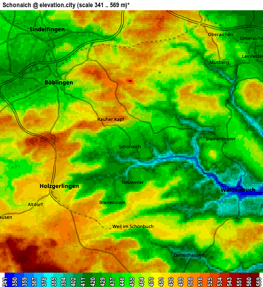 Zoom OUT 2x Schönaich, Germany elevation map