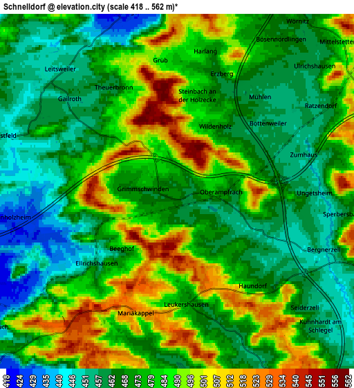 Zoom OUT 2x Schnelldorf, Germany elevation map