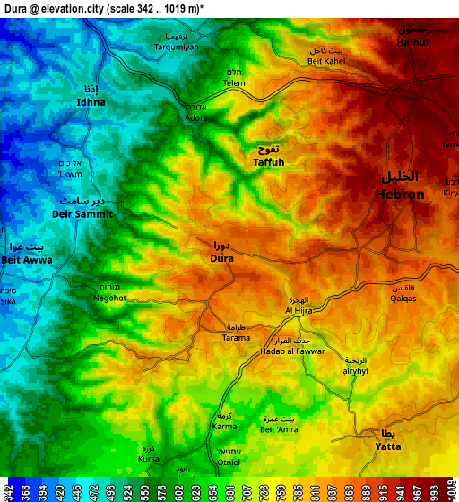 Zoom OUT 2x Dūrā, Palestinian Territory elevation map