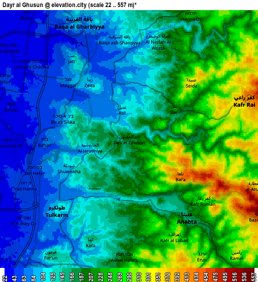 Zoom OUT 2x Dayr al Ghuşūn, Palestinian Territory elevation map